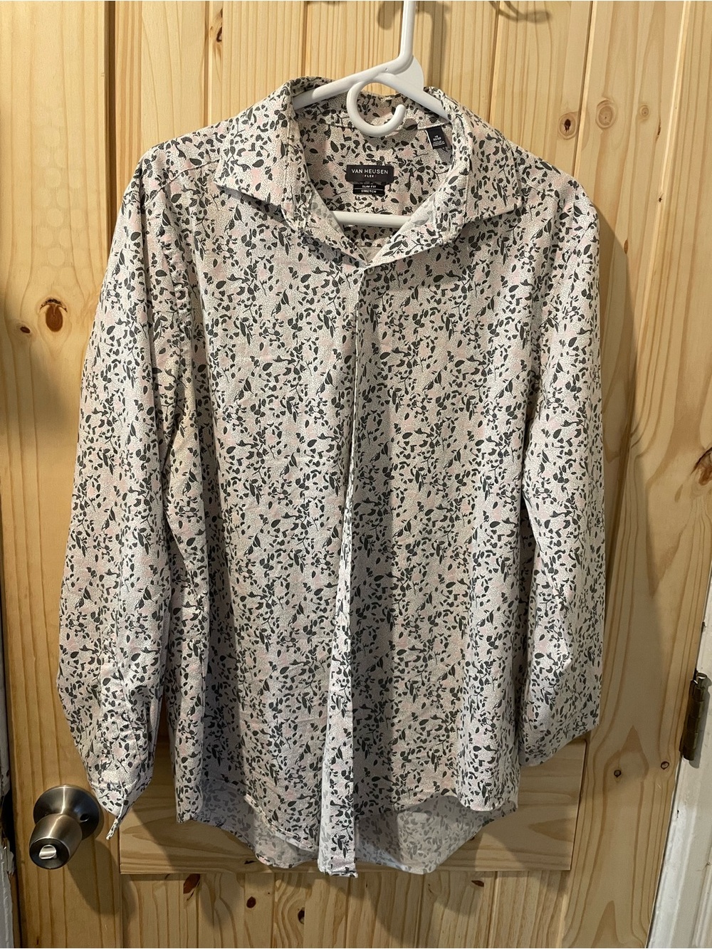 Van Heusen White Button-Down Shirt with Green Leaf Print